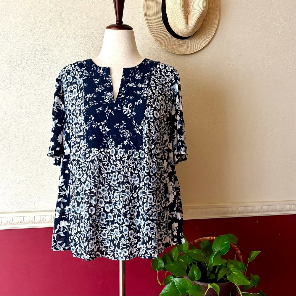 J. Jill Navy Blue & White Floral Split Neck Peasant Top XL Boho Relaxed Airy